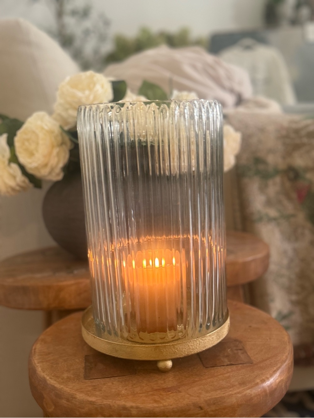 Glass Ribbed Hurricane Candle Holder with Gold Base - Clear/Gold